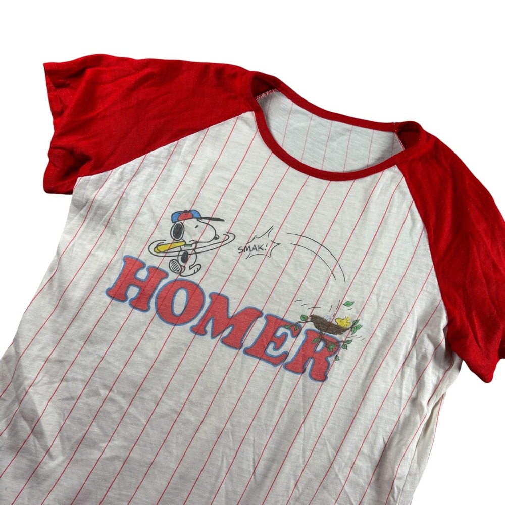 VTG Peanuts Snoopy Woodstock Homer Baseball Raglan Nightgown Sleep Shirt Red
